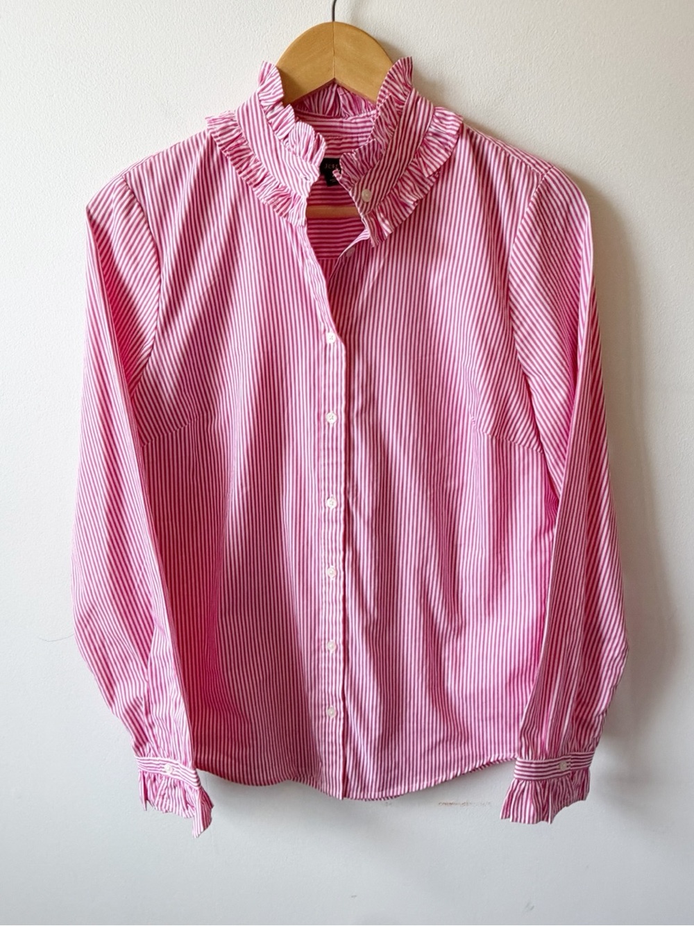 J. Crew Pink and White Striped Ruffle Collar Button-Down Shirt